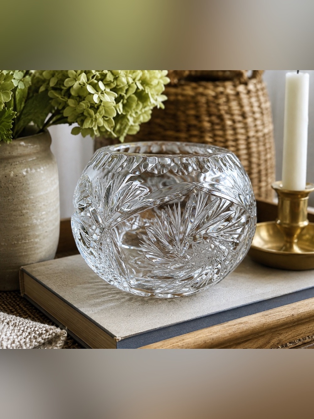 Vintage Cut Crystal Bowl Floral Fan Starburst Pattern Scalloped Rims